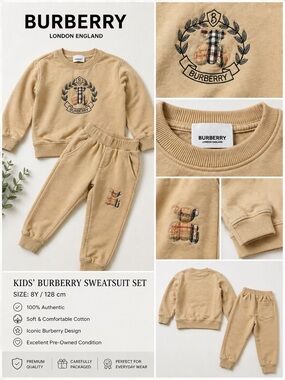 Burberry Beige Kids Sweatshirt & Joggers Set with Embroidered Crest boy & girl